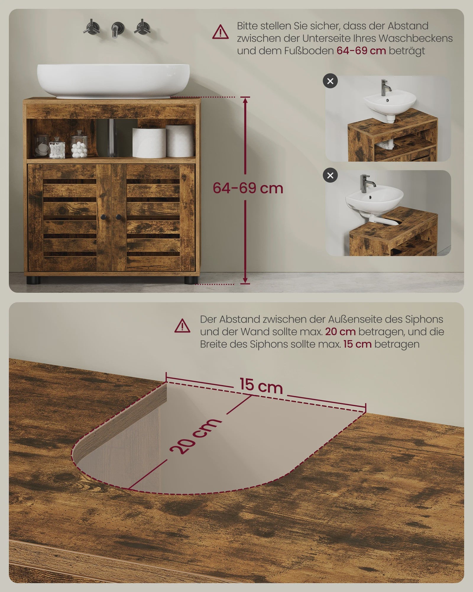 Badkamerkast Onderbouw Wastafel - Rustiek Hout Design met 2 Deuren en Verstelbare Plank