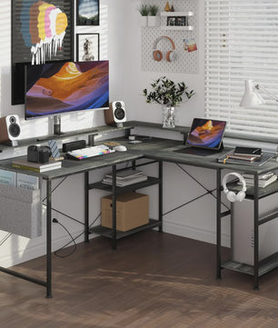 L-Vormig Bureau met RGB LED, USB & Stopcontacten - Grijze/Zwarte Gaming Werkplek