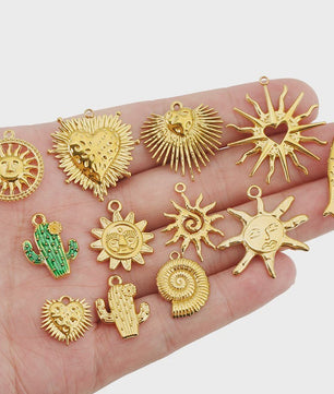 Set van 4 Gouden Bedeltjes: Zon, Hart, Schelp, Vis & Cactus - Roestvrij Staal 18k Goud PVD - DIY Sieraden Maken