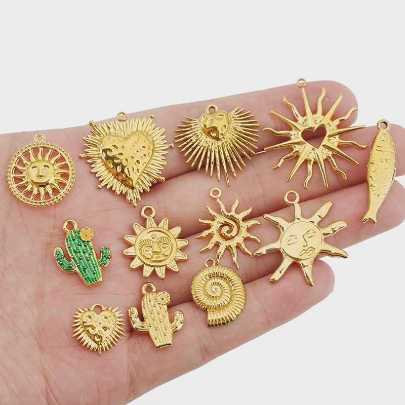 Set van 4 Gouden Bedeltjes: Zon, Hart, Schelp, Vis & Cactus - Roestvrij Staal 18k Goud PVD - DIY Sieraden Maken