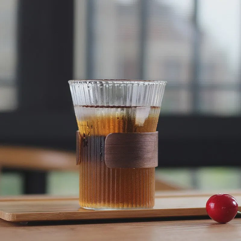 Japanse Stijl Glazen Koffiemok 350ML met Walnoothouten Sleeve - Stijlvol & Hittebestendig