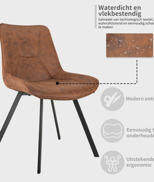 Set van 2 Moderne Kunstleren Eetkamerstoelen Bruin met Zwarte Metalen Poten