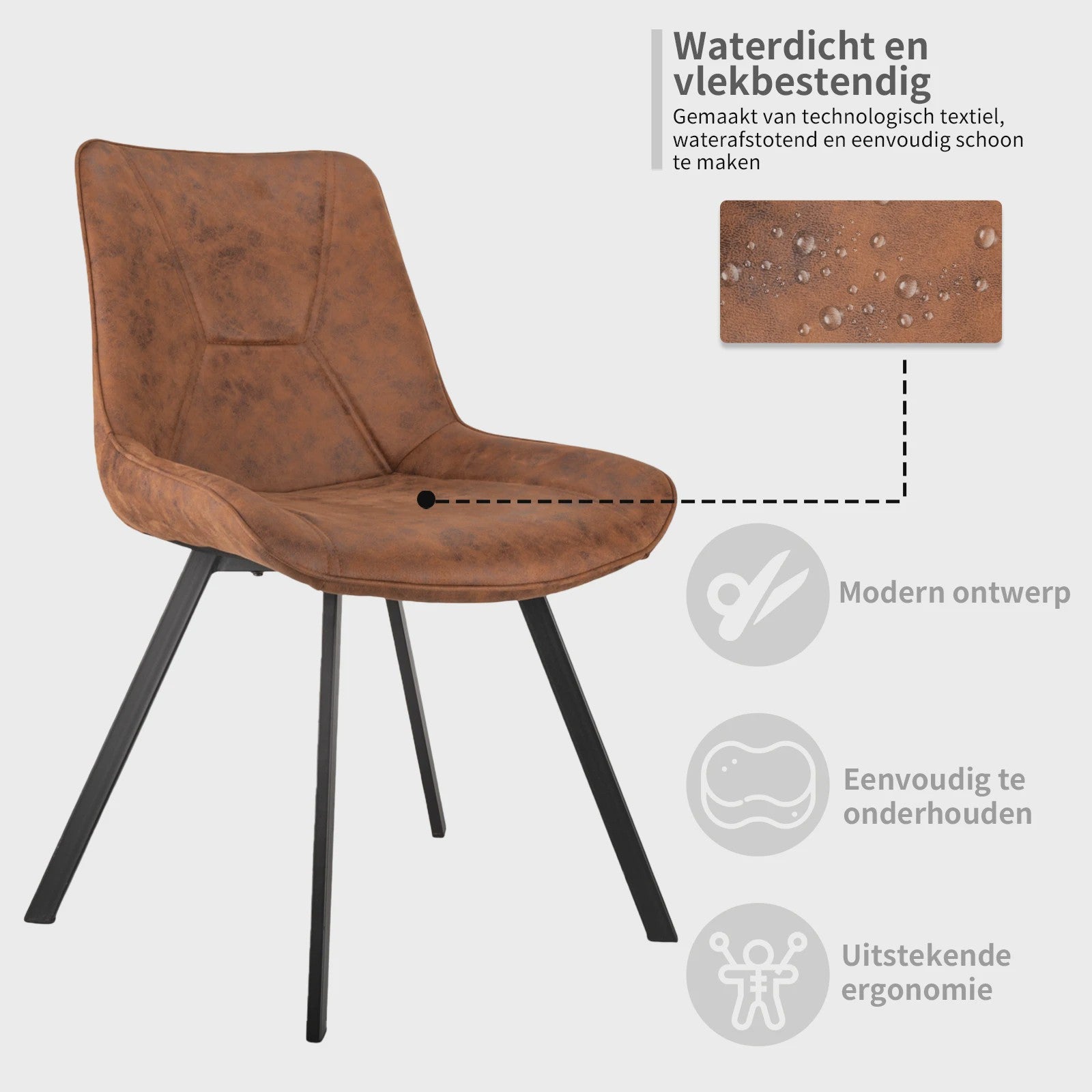 Set van 2 Moderne Kunstleren Eetkamerstoelen Bruin met Zwarte Metalen Poten