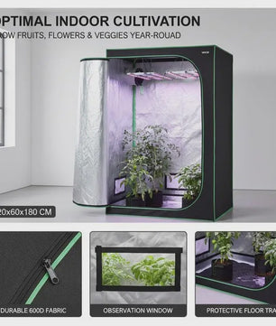 Professionele Kweek Telt 120x60x180 cm - 600D Mylar, Observatievenster & Bodemlade