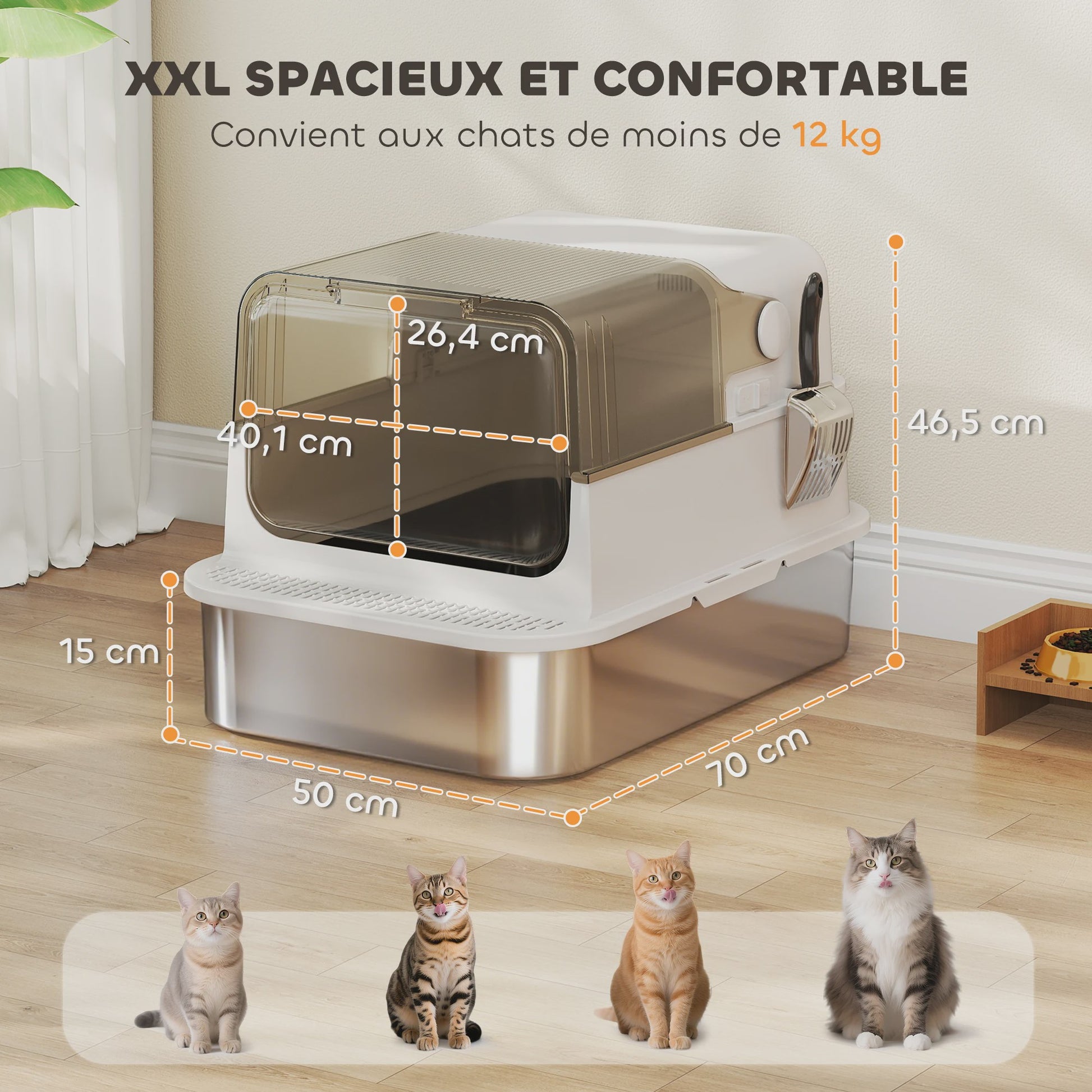 Gesloten Kattenbak met RVS Bodem - Ruim & Geurarm - Wit - 70x50 cm