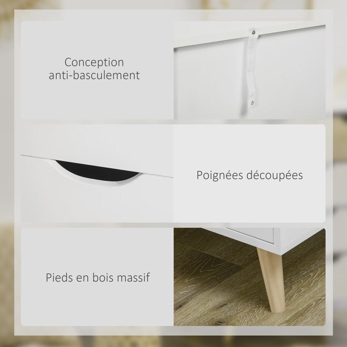 HOMCOM Commode met 5 Lades en Houten Poten - Wit & Naturel Hout - 60x40x77,5 cm
