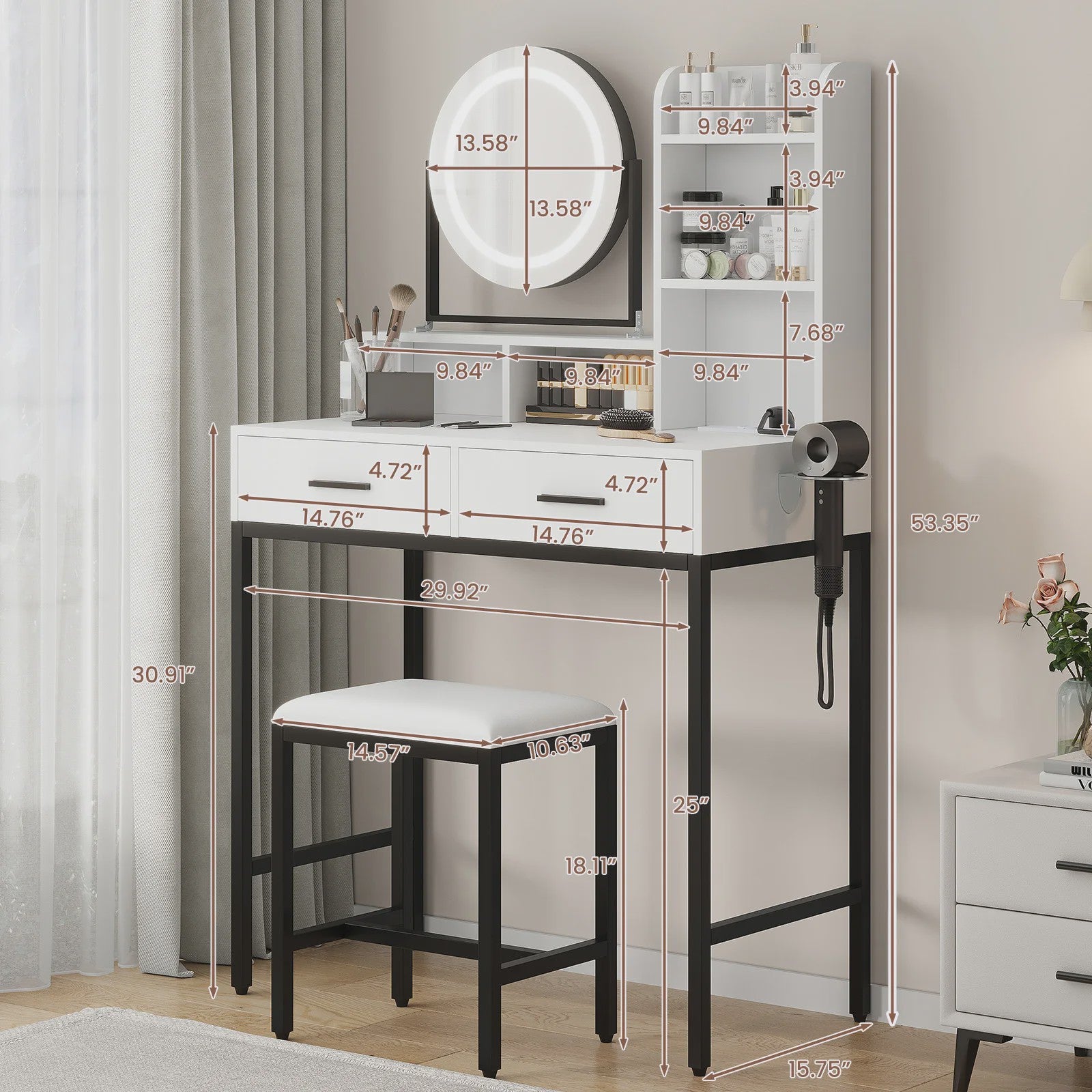 Make-up Tafel met Verlichte Spiegel, 3 Lichtstanden & Föhn-houder