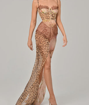 Maxi Jurk met Luipaardprint, Kant en Hoge Split - Elegante Avondjurk