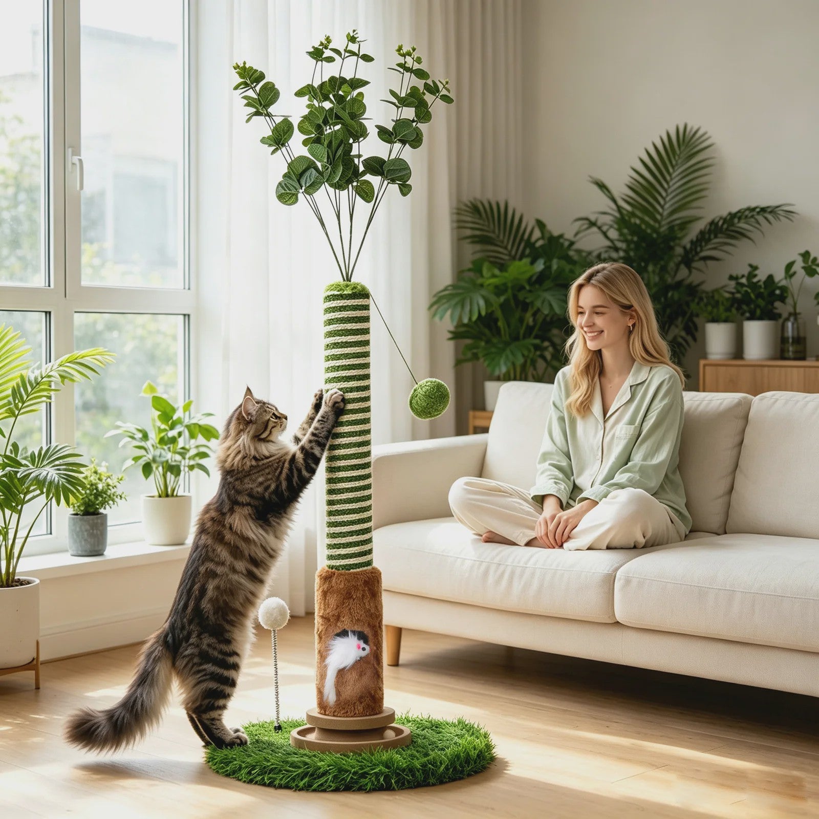 Luxe Kattenkrabpaal met Hangende Bal en Speeltoren - Natuurlijk Sisal Touw
