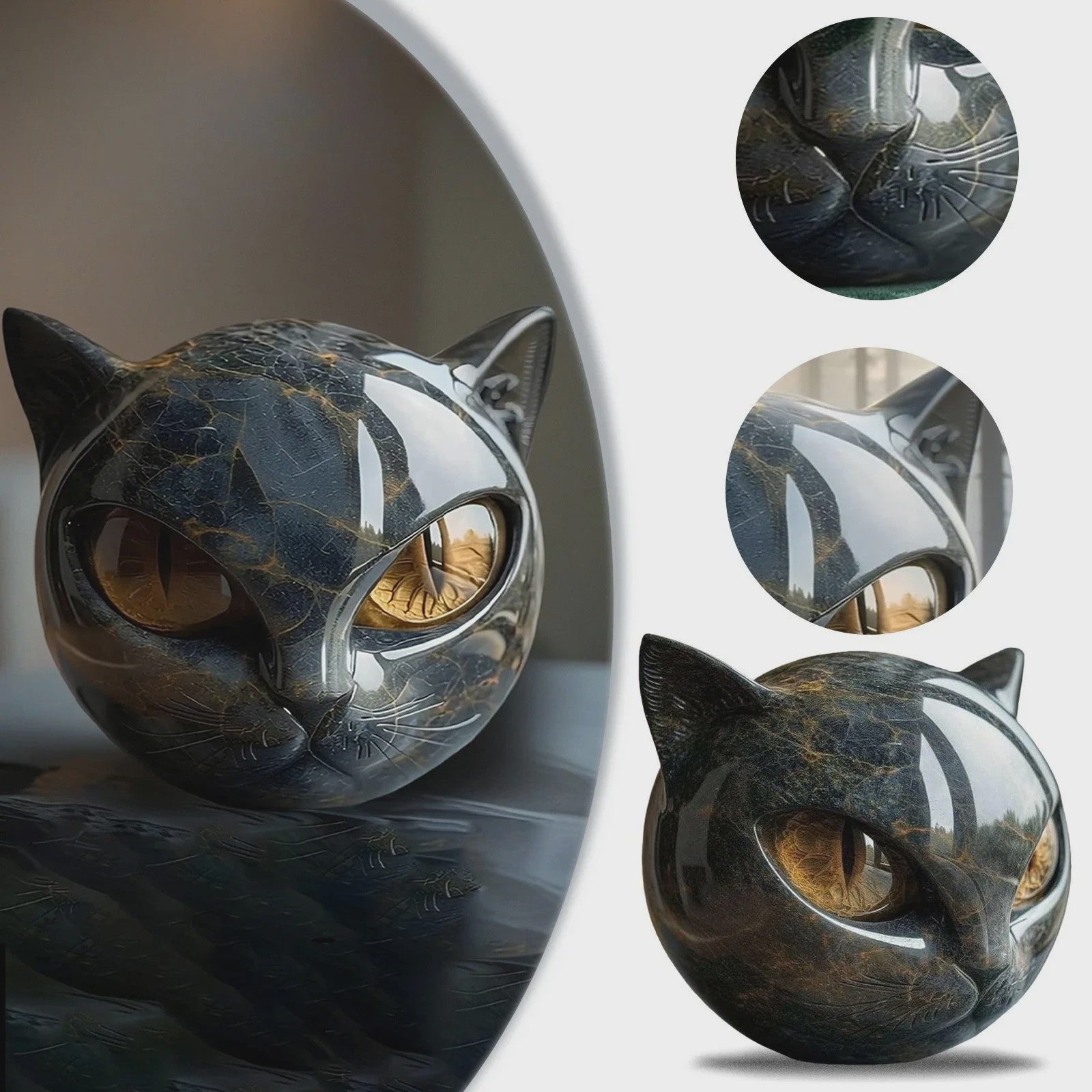 Decoratieve Zwarte Kat Steen Beeldje - Marmerlook Kattenkop voor Kantoor of Cadeau