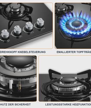 Inbouw Gasfornuis 60cm met 4 Branders | Gehard Glas | Automatische Ontsteking & Veiligheid