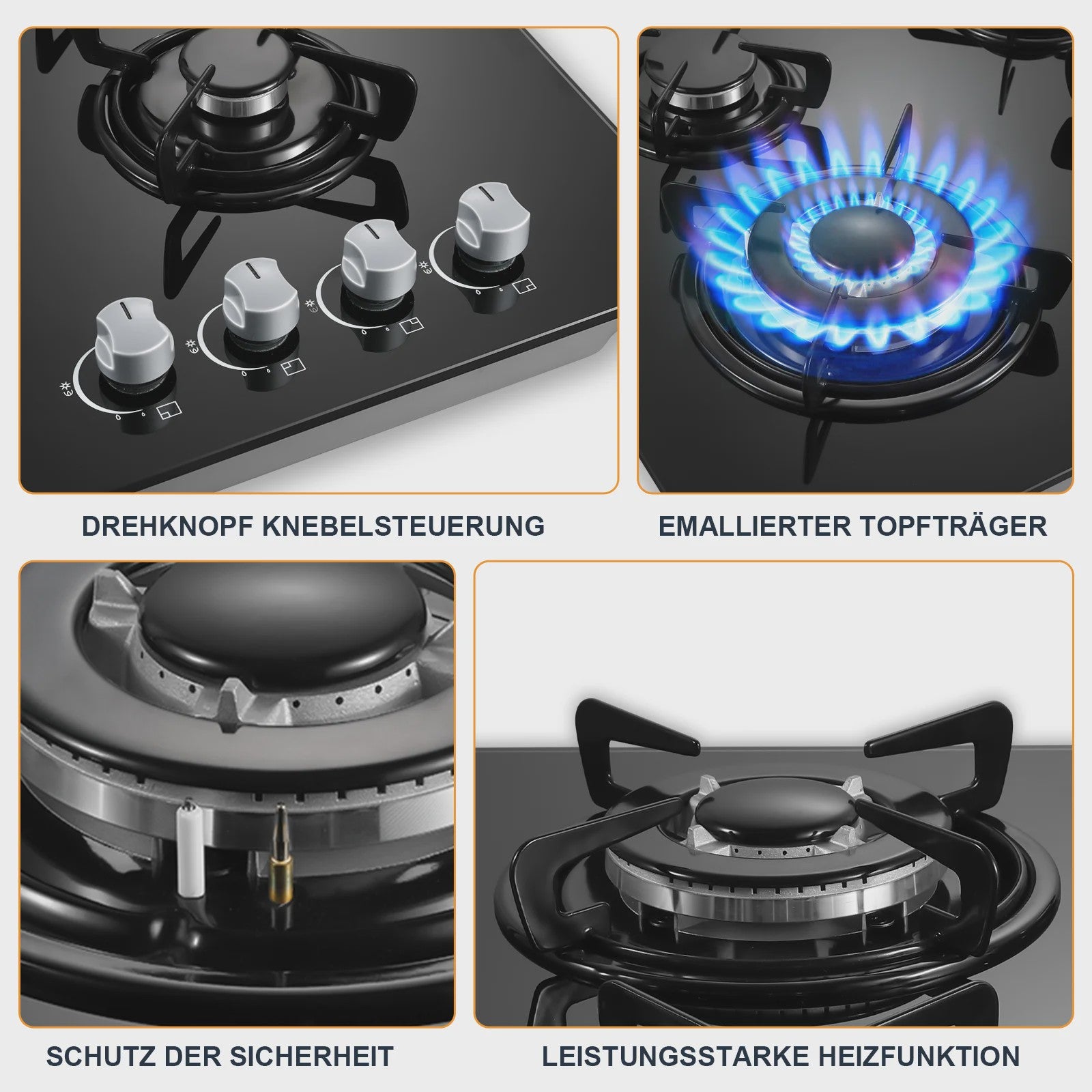 Inbouw Gasfornuis 60cm met 4 Branders | Gehard Glas | Automatische Ontsteking & Veiligheid