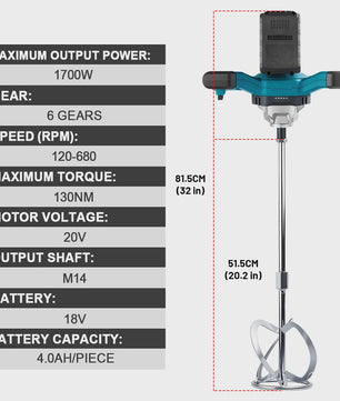 Gisam Accu Betonmixer 6-Speed Borstelloze Motor - 1700W Krachtig & Veelzijdig