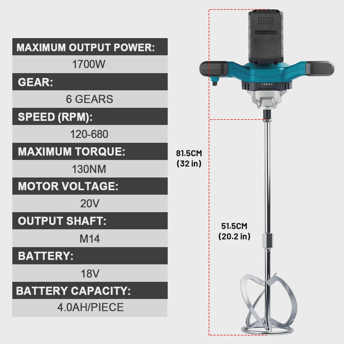 Gisam Accu Betonmixer 6-Speed Borstelloze Motor - 1700W Krachtig & Veelzijdig