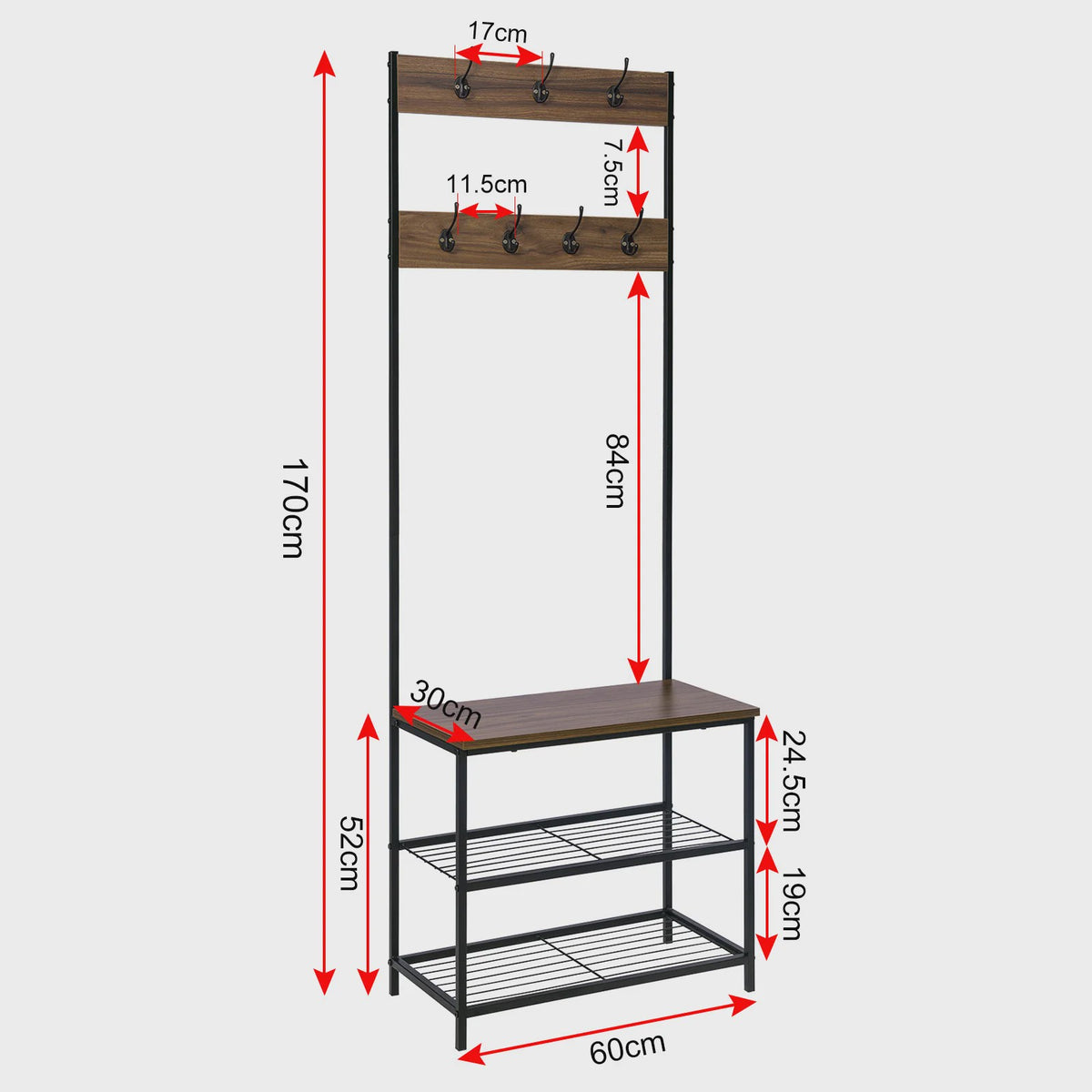 Kapstok met Schoenenrek en Hangende Plank - 7 Haken - Stijlvol en Praktisch