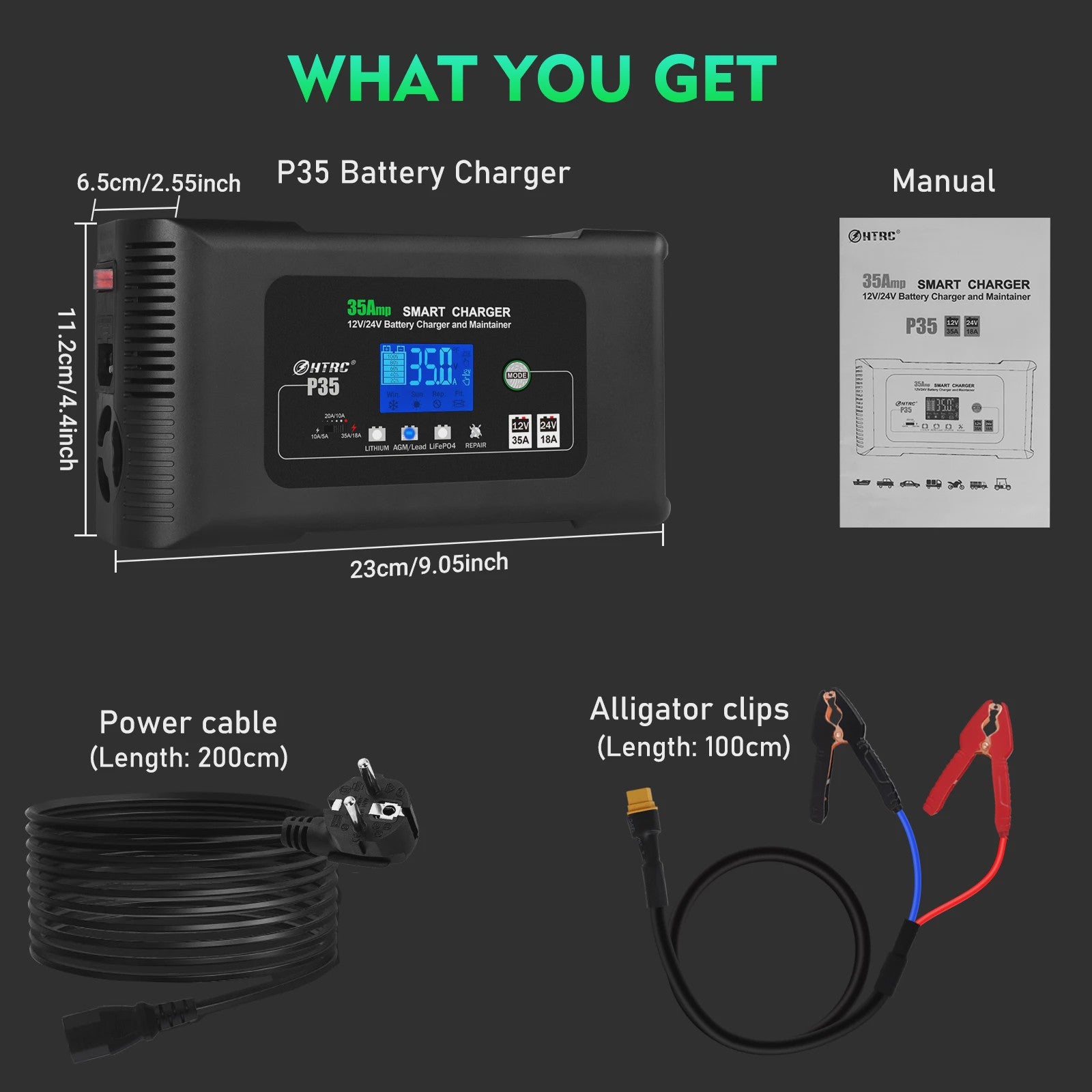 HTRC 35A Slimme Acculader 12V/24V voor Auto, Motor, Vrachtwagen - AGM, GEL, LCD Display