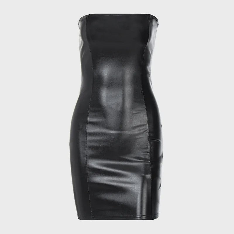 Zwarte Strapless PU Leren Mini Jurk - Sexy Bodycon Feestjurk