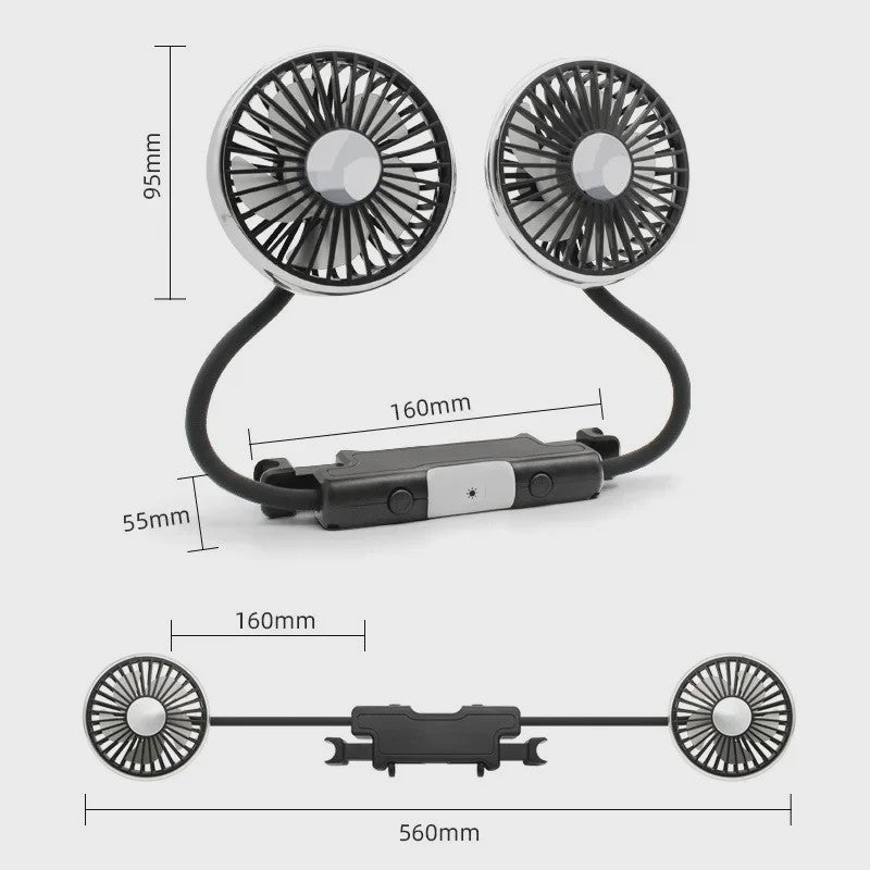 Dubbele USB Ventilator met 360° Rotatie en LED Verlichting - Krachtige Koeling voor Auto en Thuis