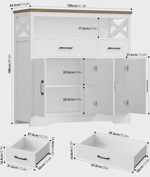 Stijlvol Wit Sideboard met 2 Lades en 3 Deuren - Buffetkast voor Woon- en Eetkamer