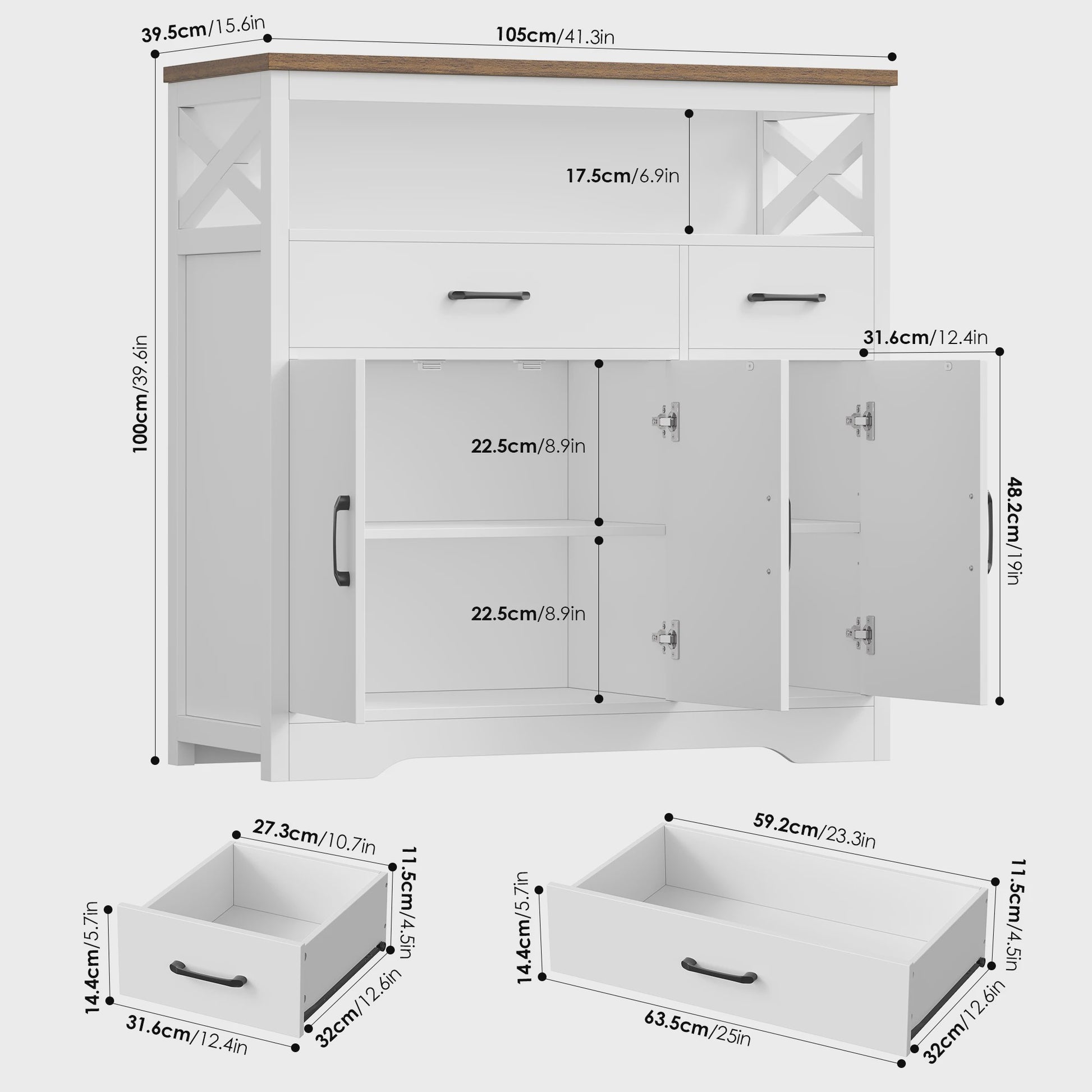 Stijlvol Wit Sideboard met 2 Lades en 3 Deuren - Buffetkast voor Woon- en Eetkamer