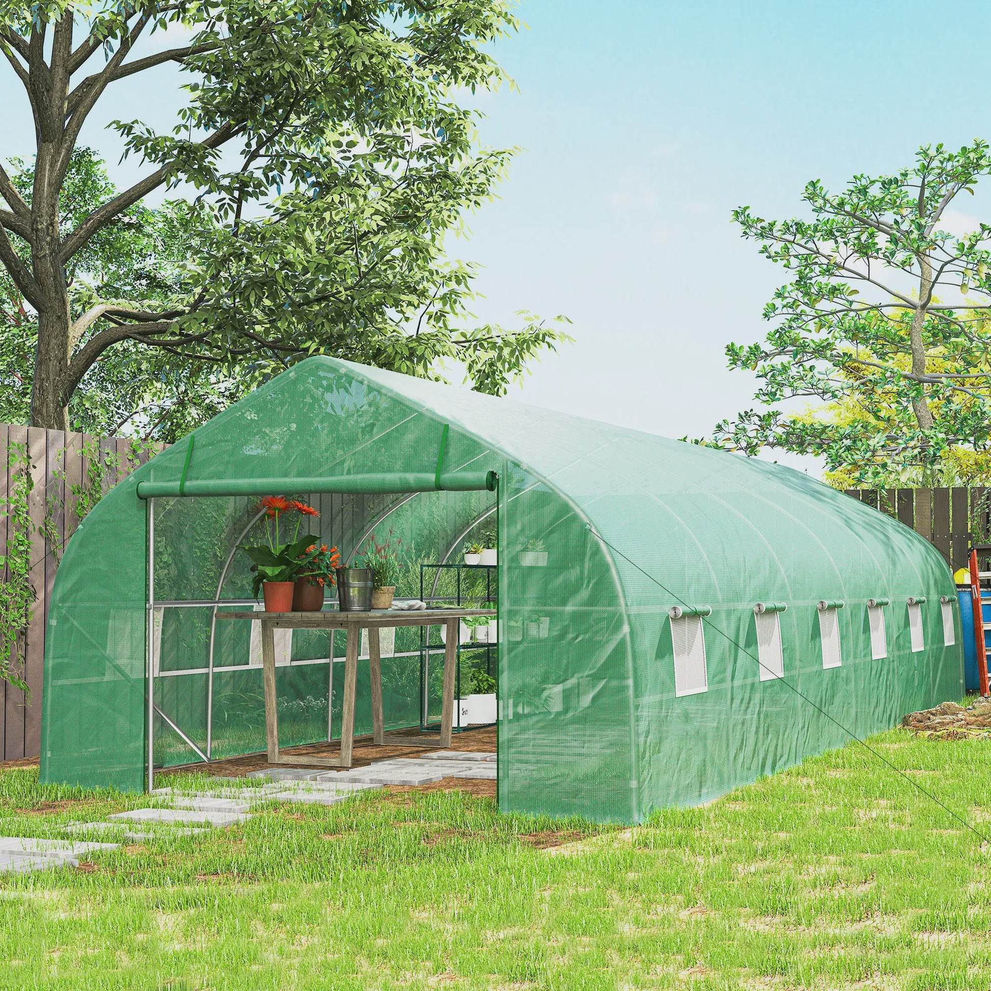 Ruime Tuinkas 8x3x2m met PE-afdekking, Stalen Frame, Roldeur en 12 Ramen