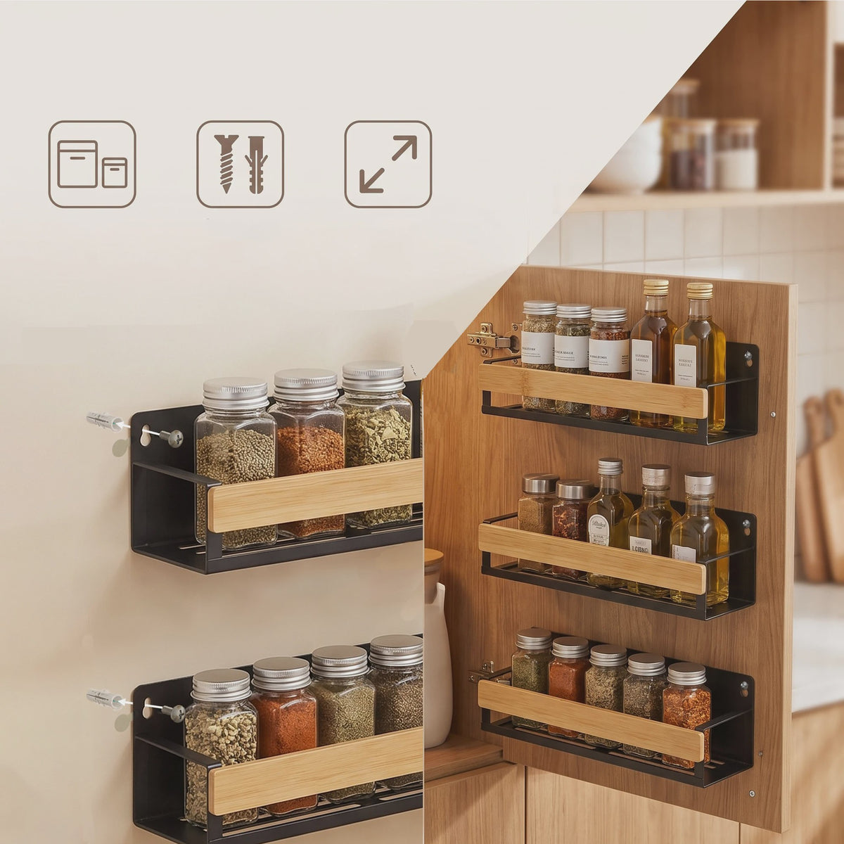 4-delige Bamboe Kruidenrek Set voor Wandmontage - Keuken Organizer