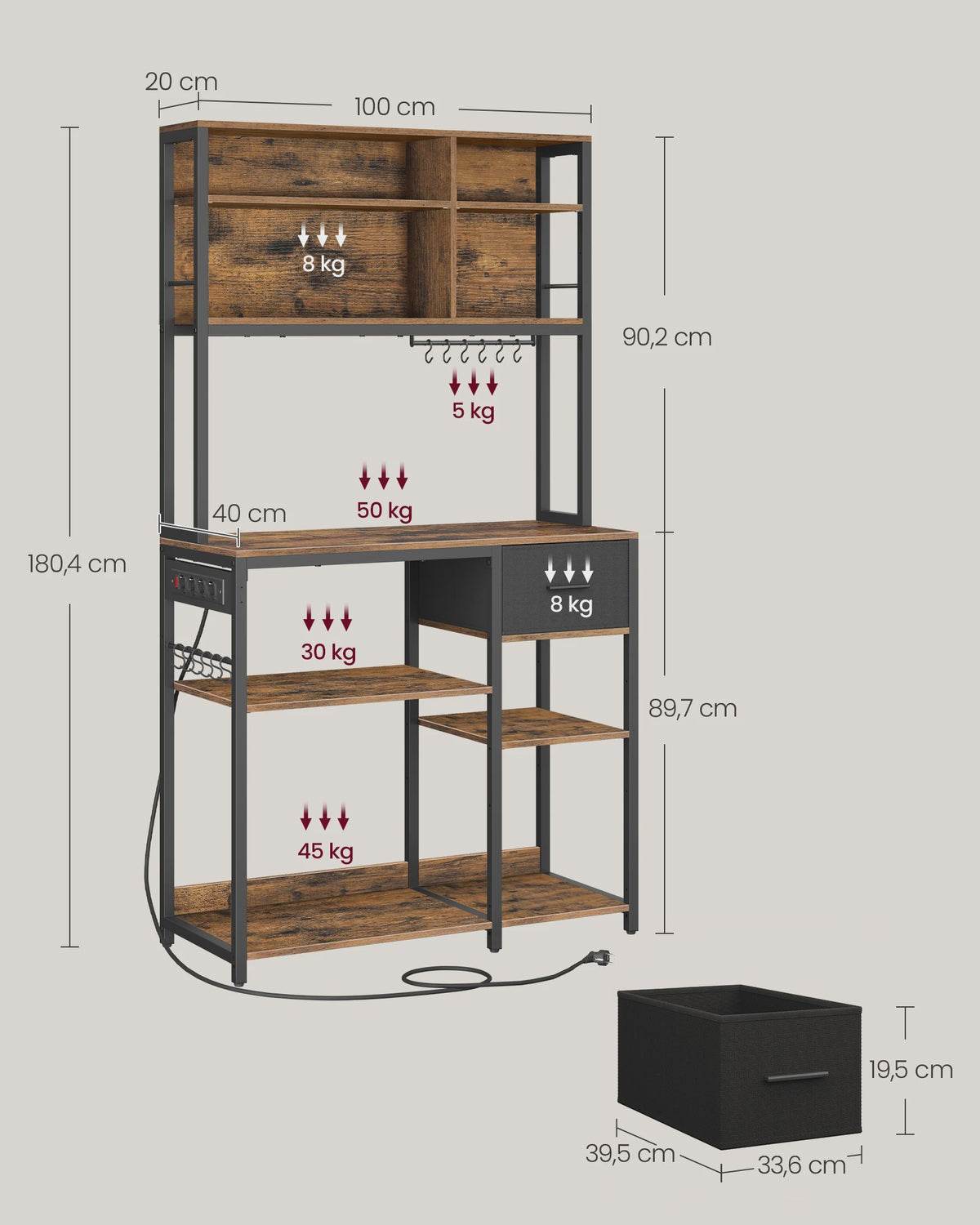 VASAGLE Keukenrek met Stopcontacten - 40x100x180.4 cm - Bruin