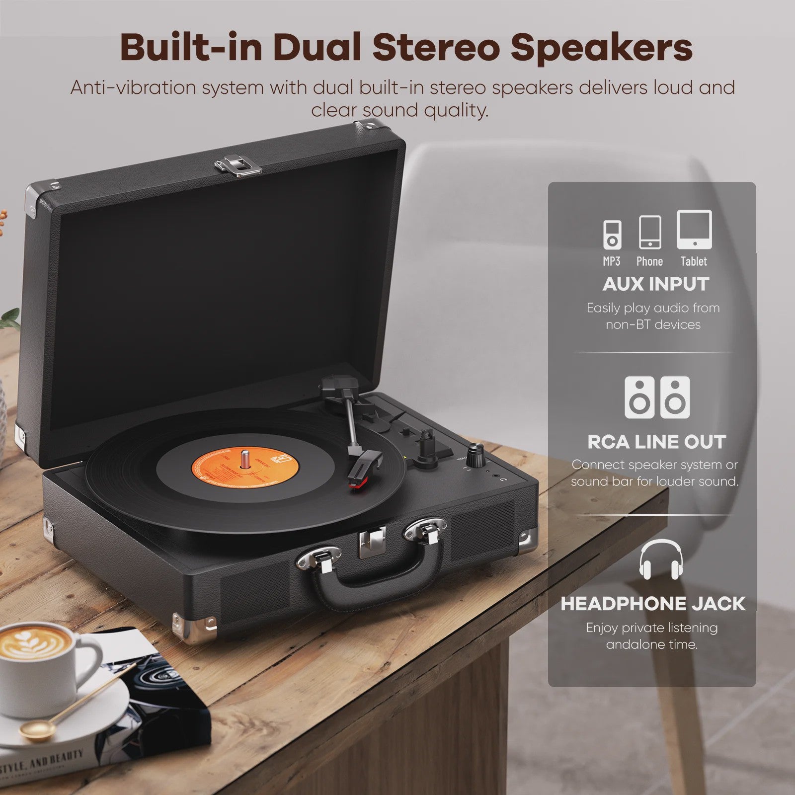 MAIO Platenspeler met Ingebouwde Stereo Speakers en Koptelefoonaansluiting - 3 Snelheden