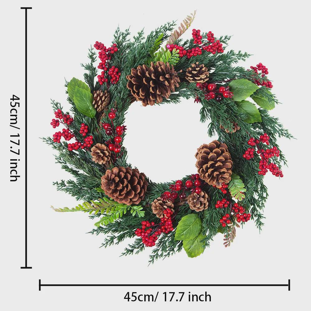 Handgemaakte Kerstkrans met Cipres, Rode Bessen & Denneappels - Voordeur Decoratie