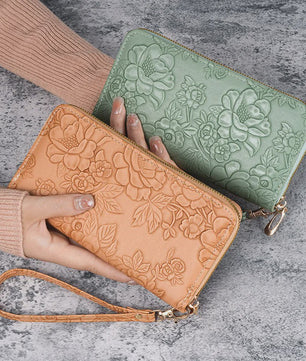Lange Dames Portemonnee met Bloemenreliëf - Telefoonvak, Kaarthouder & Muntvak