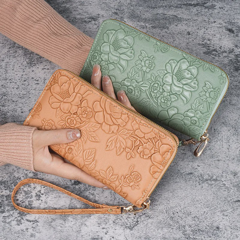 Lange Dames Portemonnee met Bloemenreliëf - Telefoonvak, Kaarthouder & Muntvak