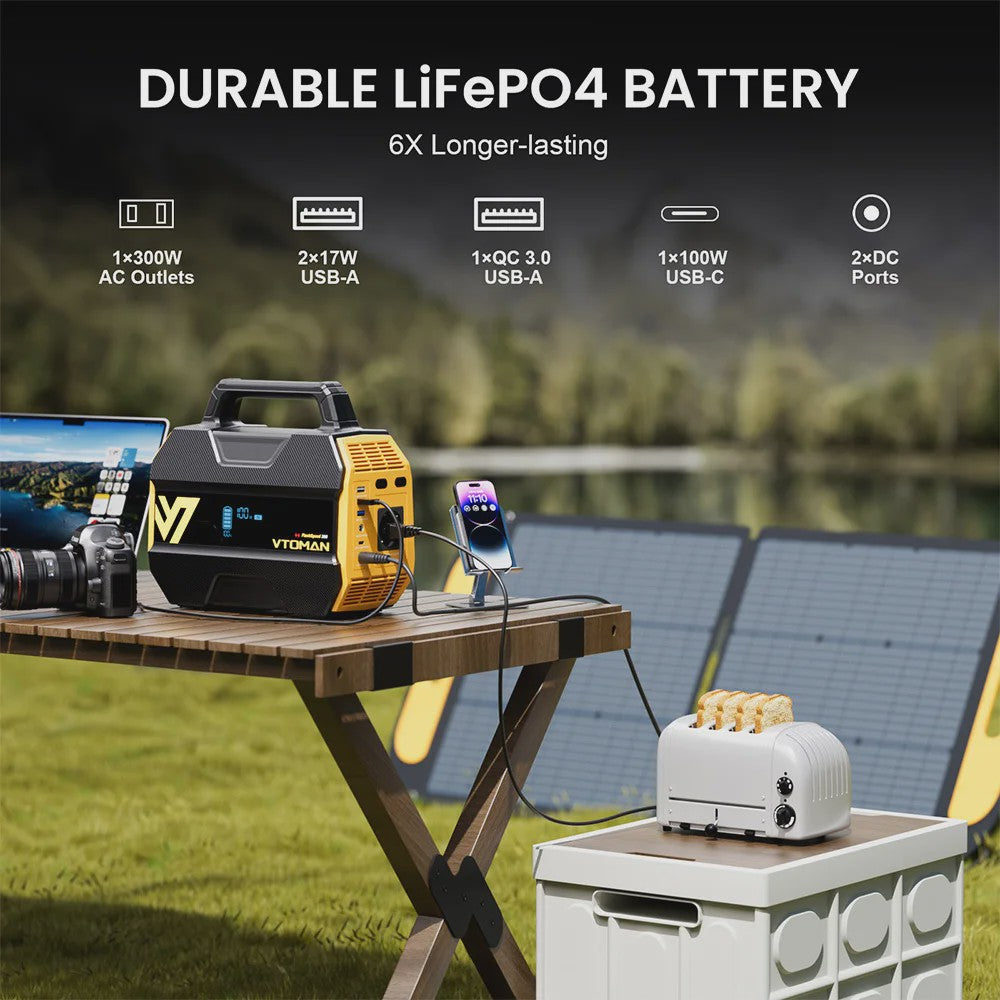 VTOMAN FlashSpeed 300 Power Station: 230Wh LiFePO4, 300W AC, 100W USB-C, Solar Generator