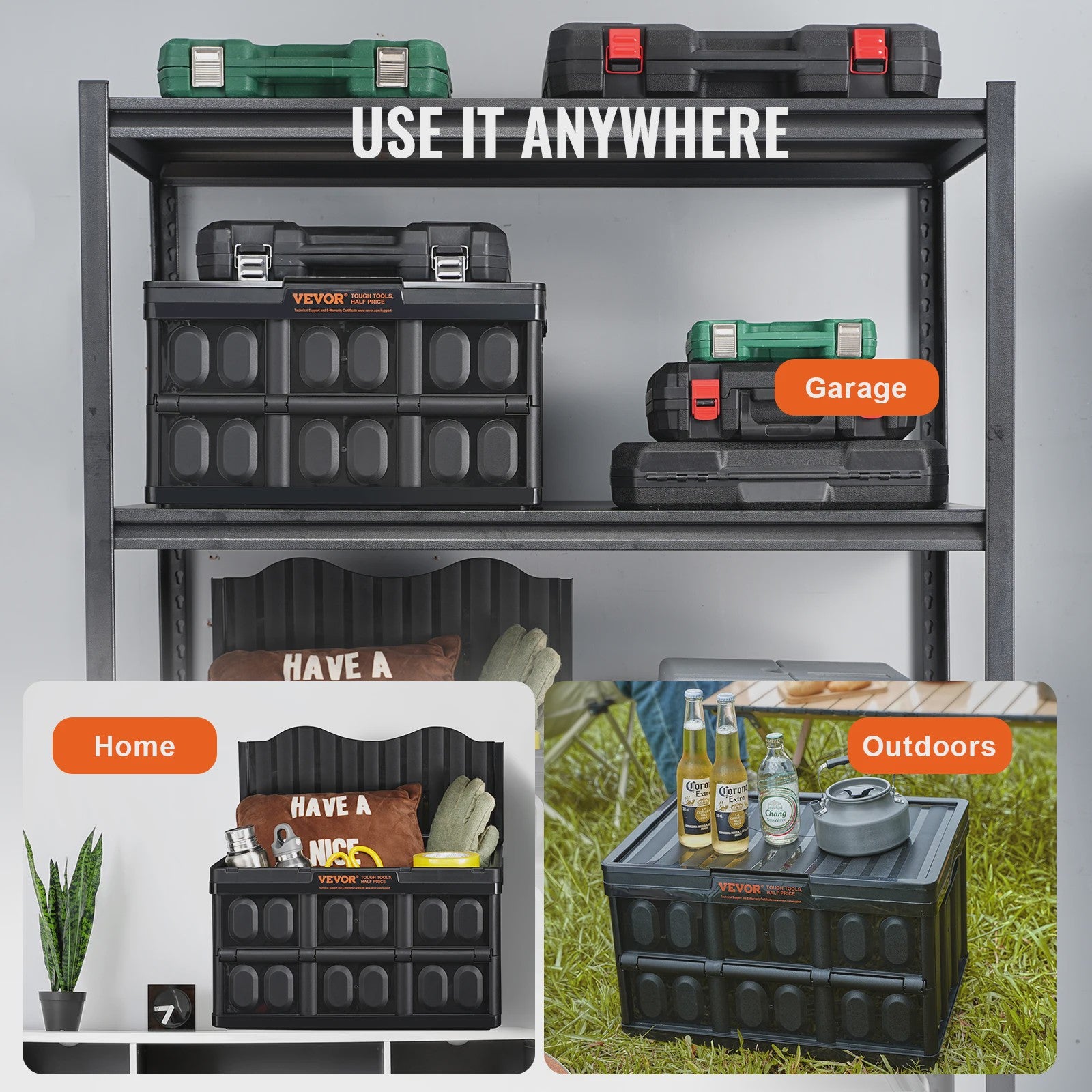 Set van 3 Opvouwbare Opbergkratten met Deksel - 45L & 65L