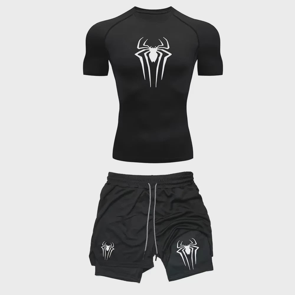 Heren Sport Set: Compressie T-shirt & Short met Spider Print
