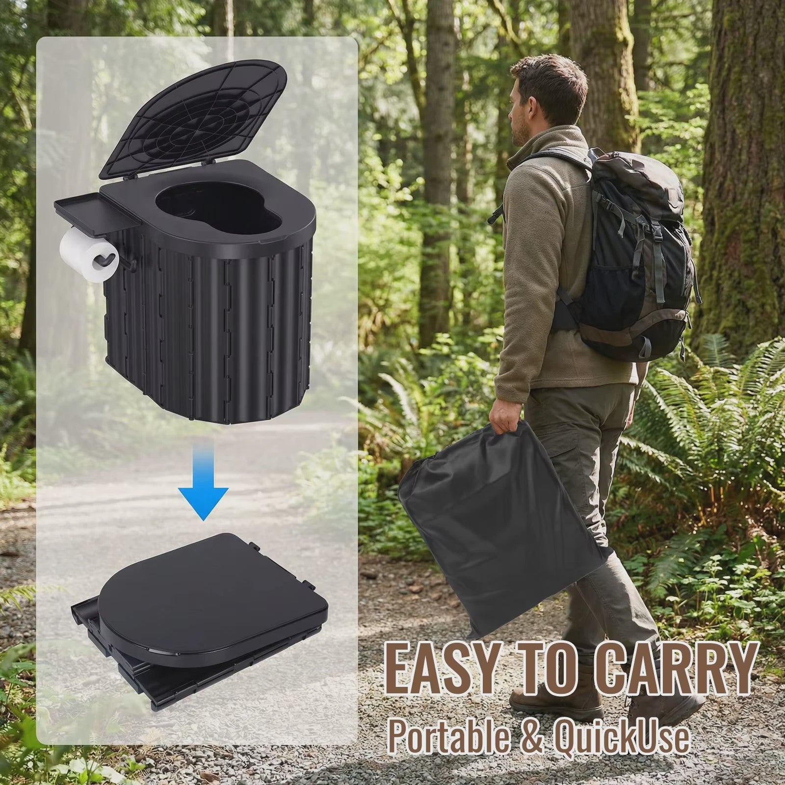 Draagbaar Camping Toilet met Deksel & Toiletrolhouder - Noodtoilet voor Reizen, Kamperen, Auto, Kind & Volwassene