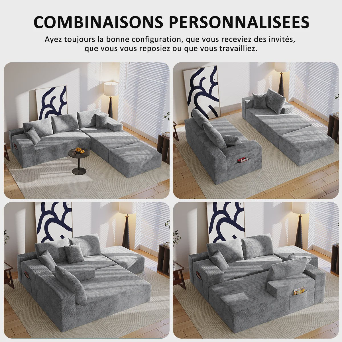 Moderne U-vormige Corduroy Bank met Memory Foam - Modulair en Comfortabel