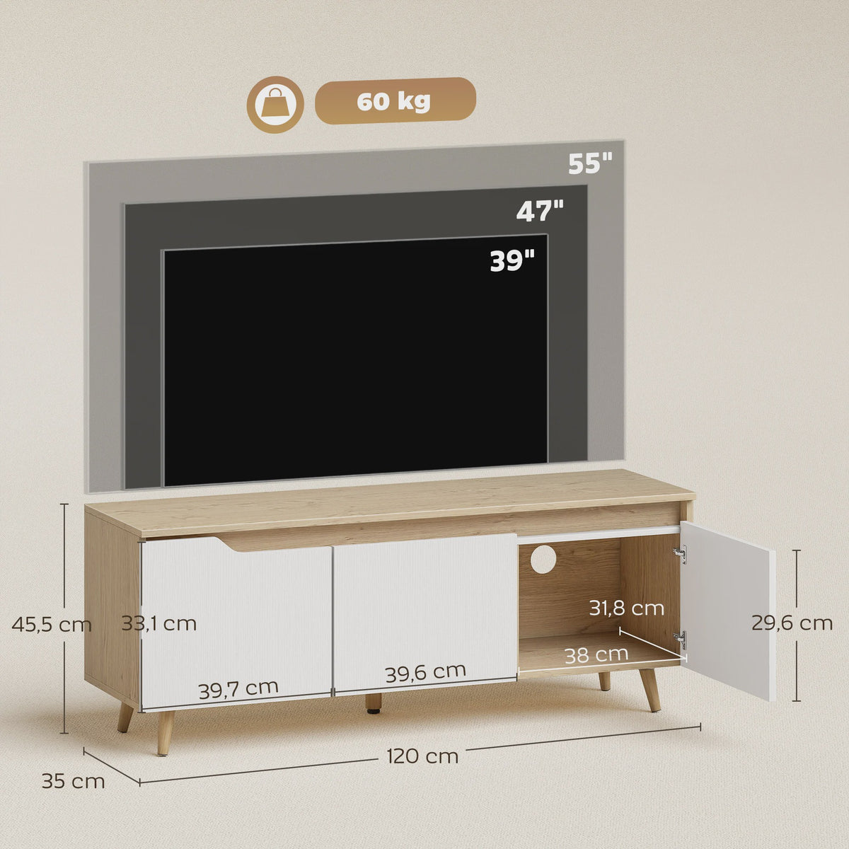 Moderne TV Meubel met 3 Deuren - 120cm Breed - Eiken & Wit