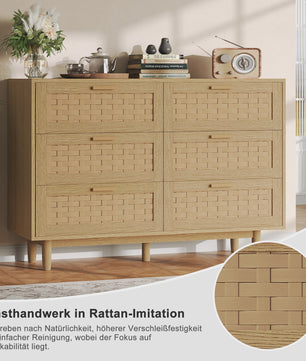 Ladekast met Rotan Front en Metalen Handgrepen - 6 Lades, 115 cm Breed