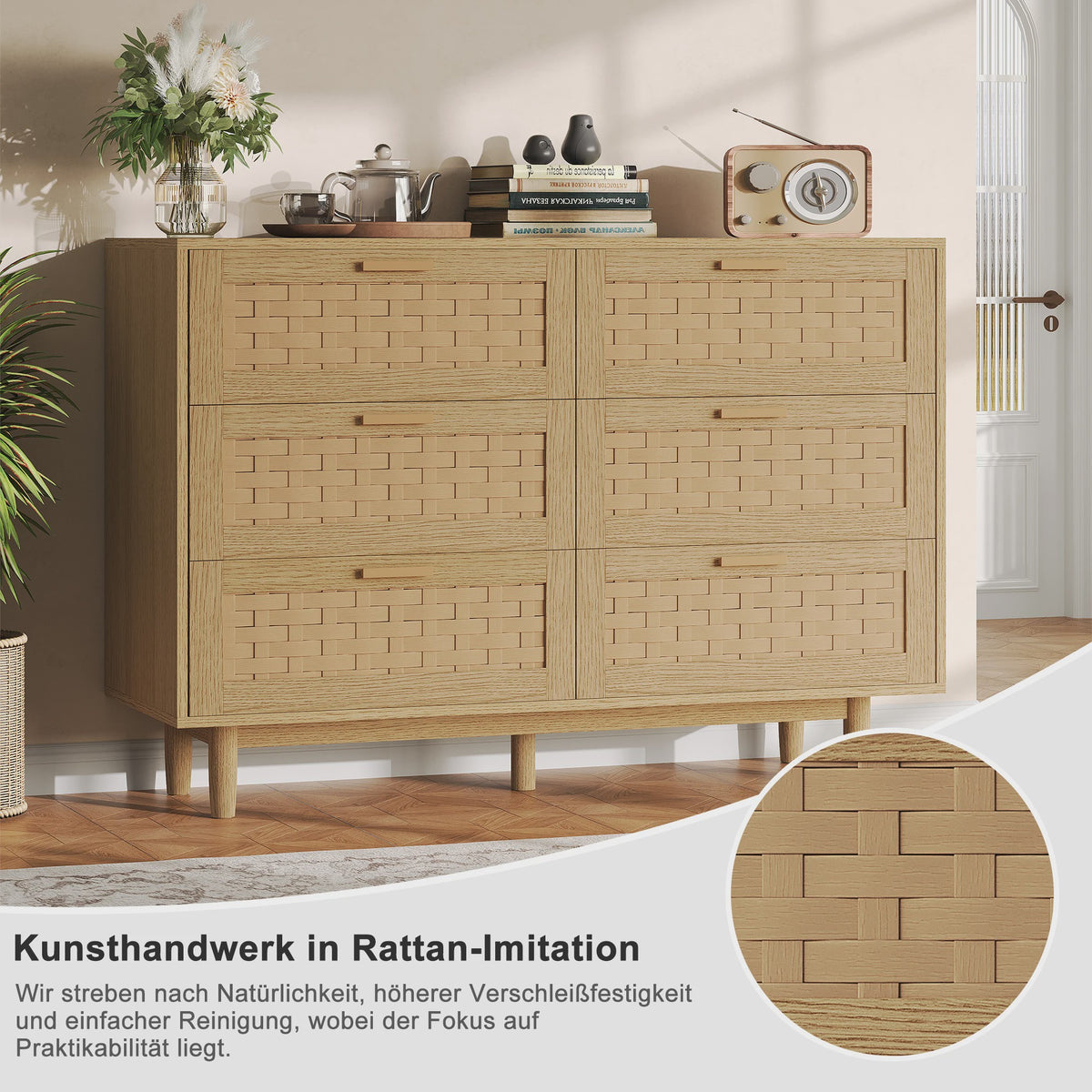 Ladekast met Rotan Front en Metalen Handgrepen - 6 Lades, 115 cm Breed