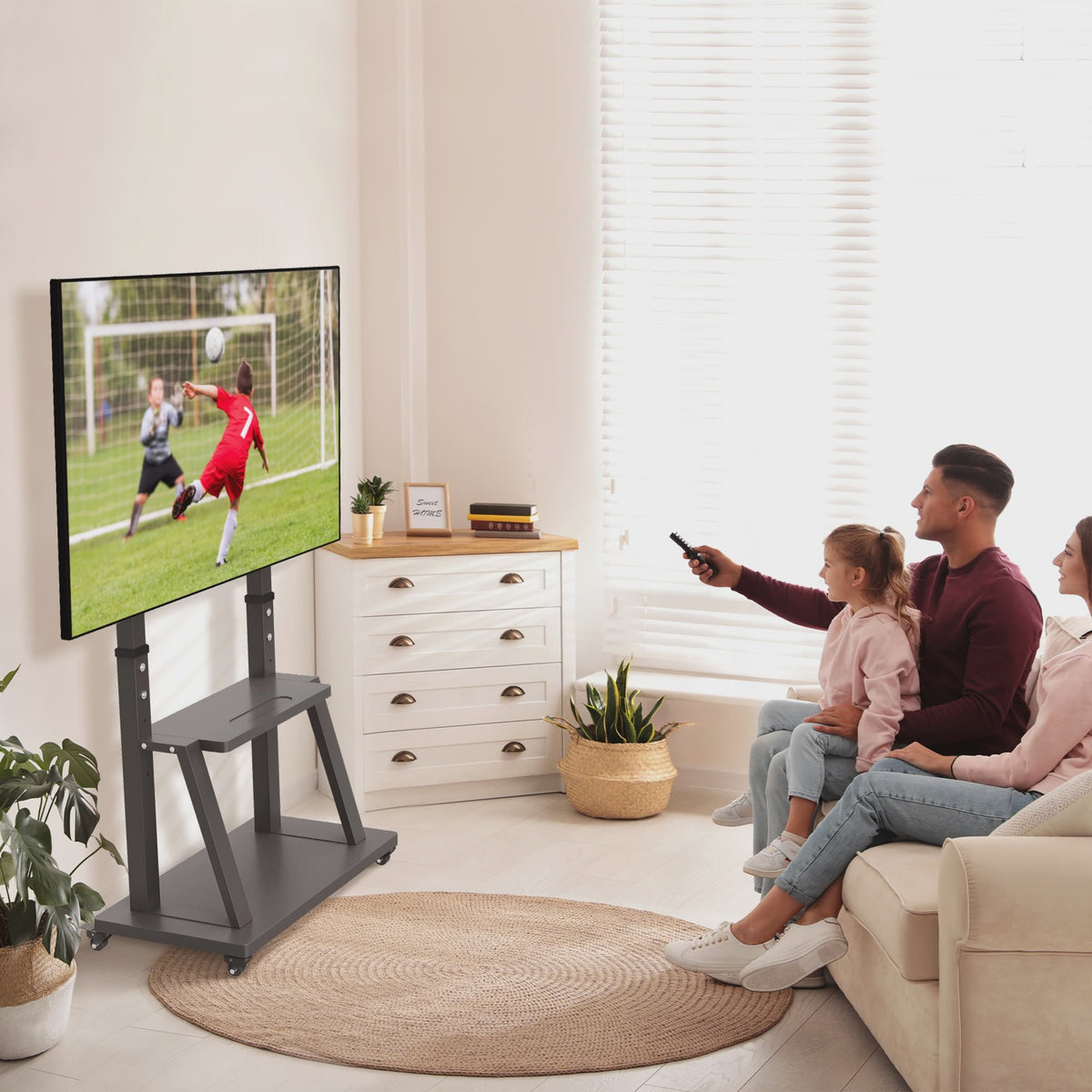 Robuuste Mobiele TV Trolley met Verstelbare Hoogte en 2 Opbergplanken