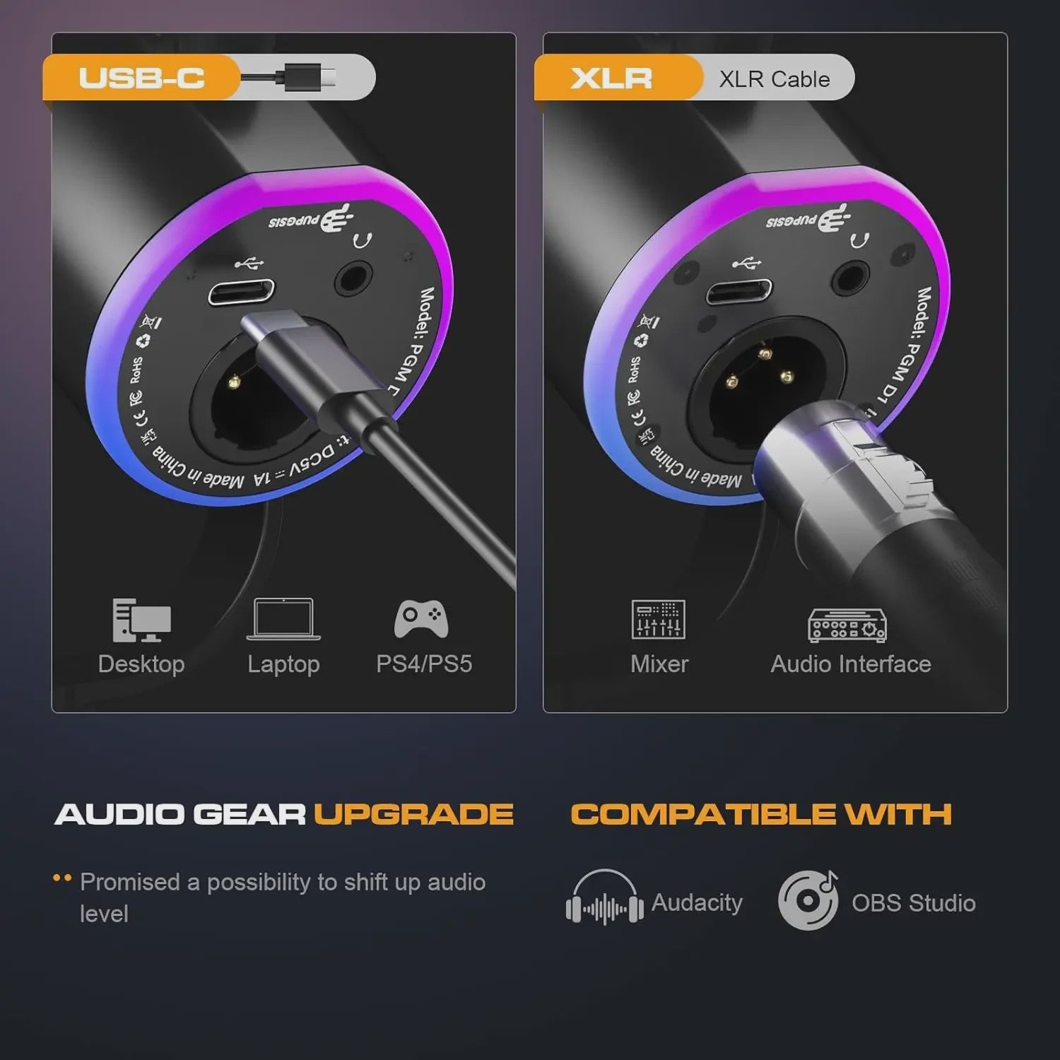 XLR/USB Gaming Microfoon Kit met Arm, RGB & Mute Functie