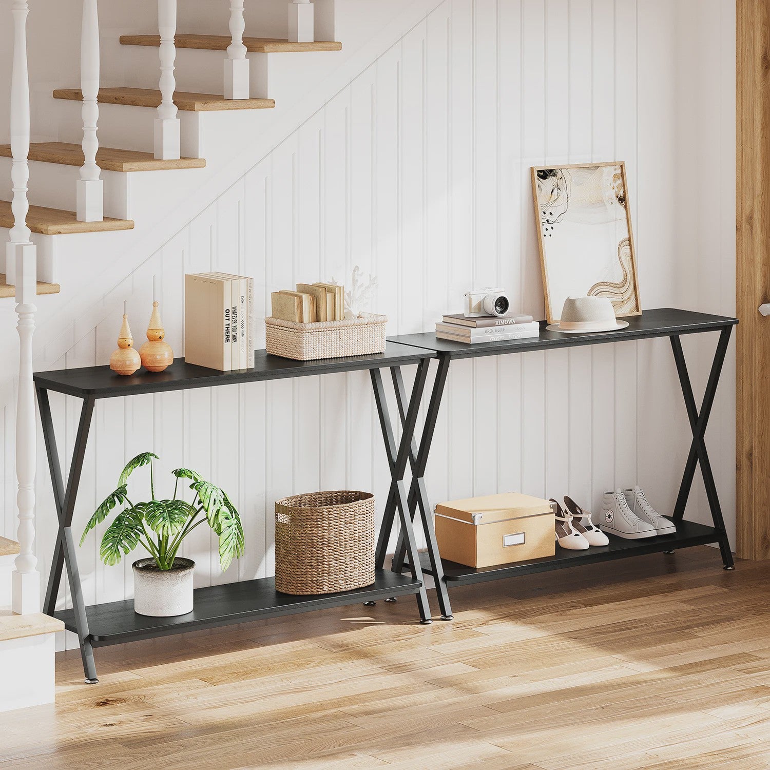 Smalle Console Tafel met Plank en Metaal Frame - Hal, Entree, Achterbank Meubel