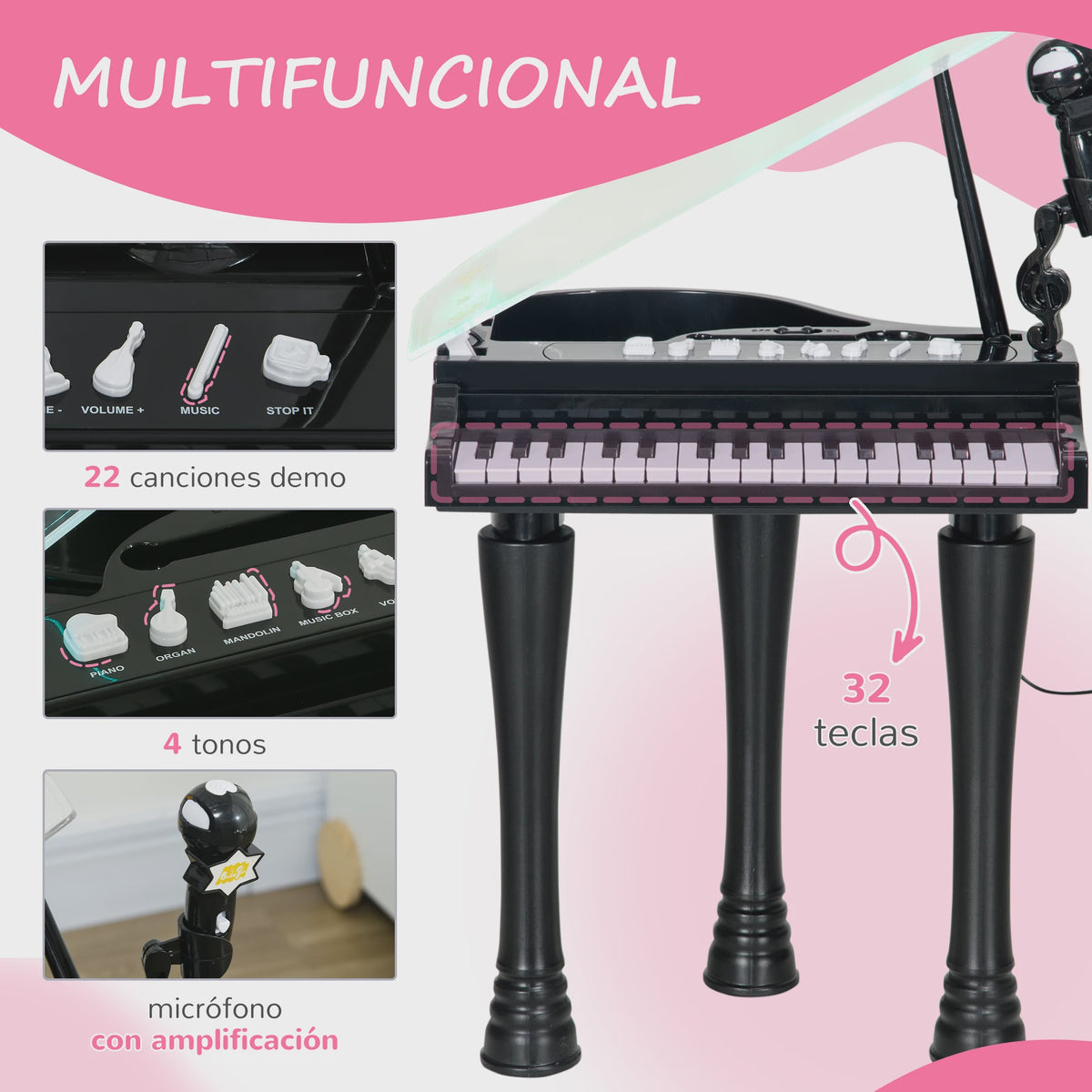 Zwart Kinder Elektrisch Piano Speelgoed met Krukje - 32 Toetsen & Microfoon