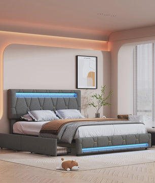 Modern Gestoffeerd Dubbel Bed met LED Verlichting en 4 Opberglades