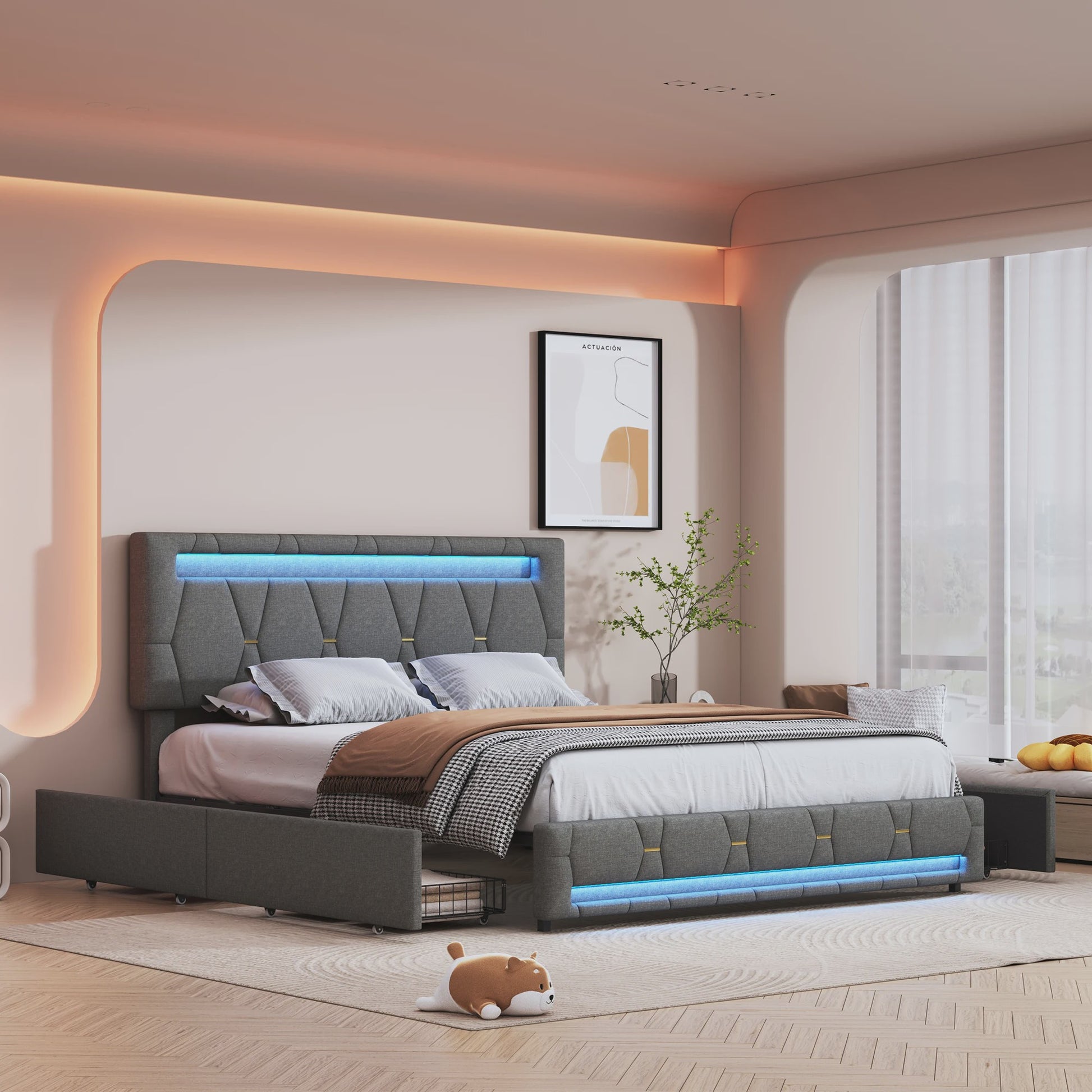 Modern Gestoffeerd Dubbel Bed met LED Verlichting en 4 Opberglades