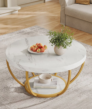 Ronde Marmerlook Salontafel met Gouden Onderstel - 32 inch, 2 Niveaus