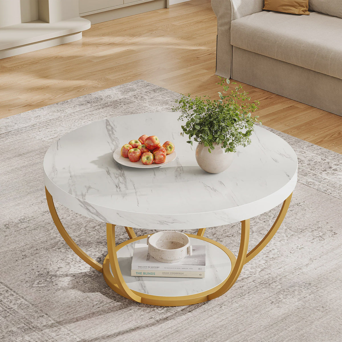 Ronde Marmerlook Salontafel met Gouden Onderstel - 32 inch, 2 Niveaus