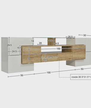 Modern TV meubel 200cm hoogglans wit met LED verlichting en glazen blad