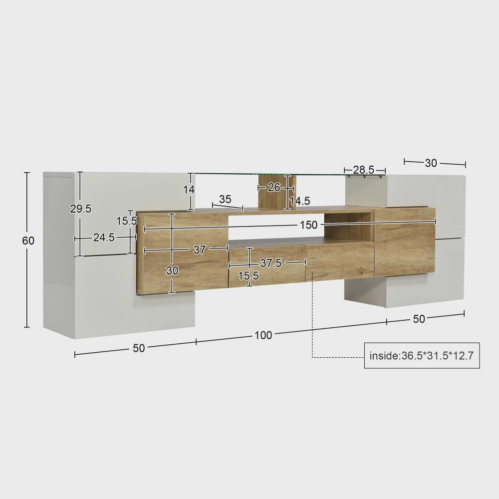 Modern TV meubel 200cm hoogglans wit met LED verlichting en glazen blad
