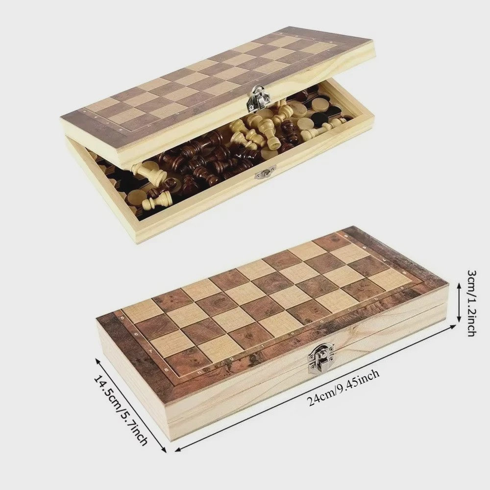 3-in-1 Houten Schaken, Dammen en Backgammon Spel - Draagbaar en Opvouwbaar